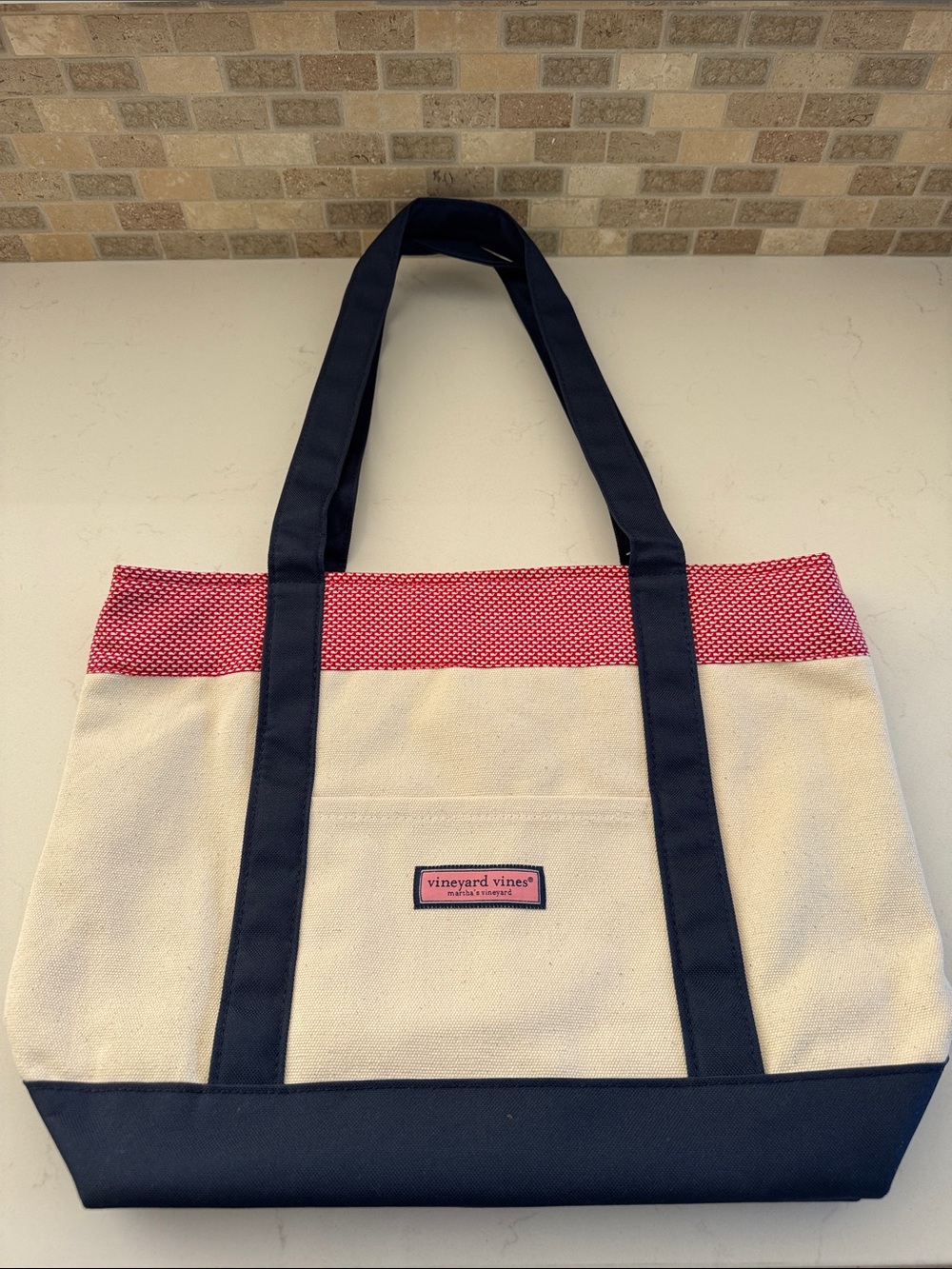 Vineyard Vines Cream Canvas Tote with Navy Straps & Red Trim NWOT